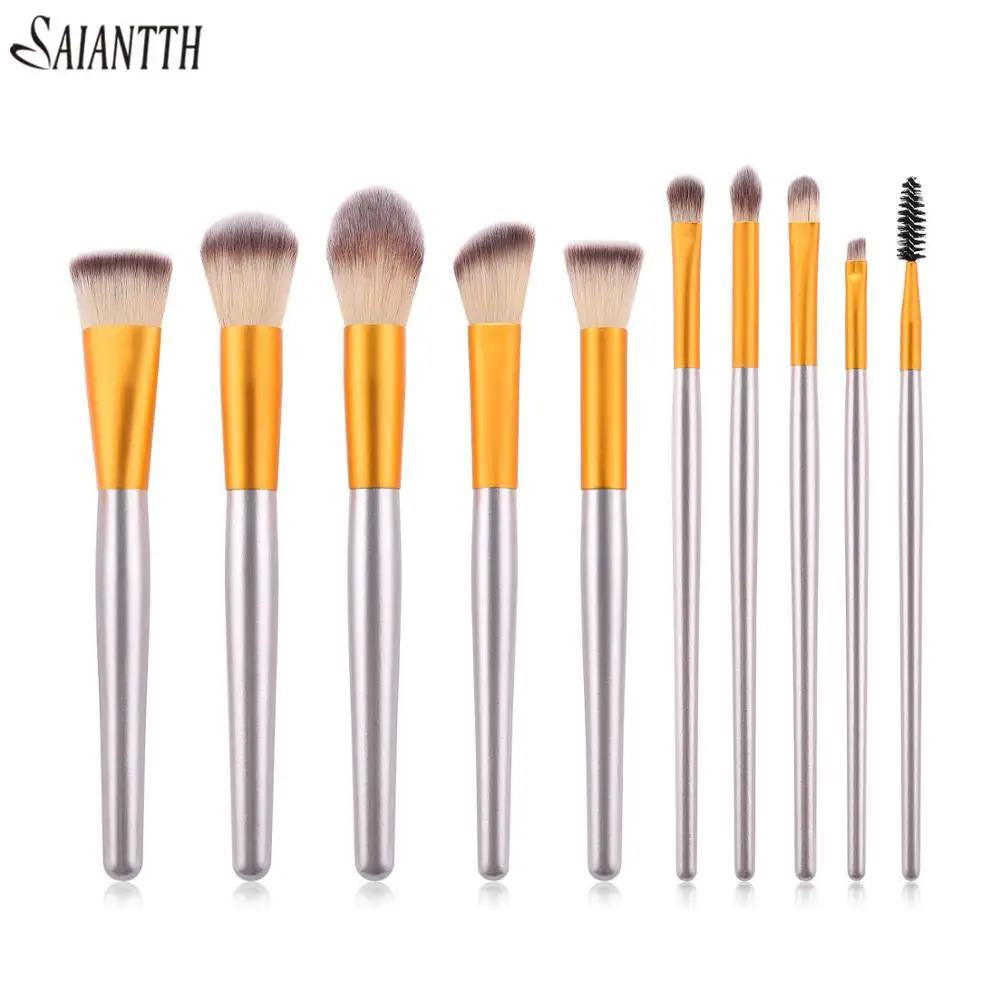 

Saiantth 10pcs Champagne gold makeup brushes wood handle powder blush foundation eyeshadow eyebrow eyelashes cosmetic beauty kit