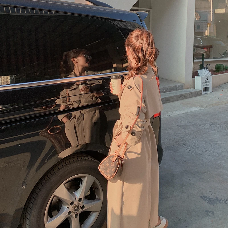 

Autumn high-end women's jacket mid-length double-breasted with belt coat with fine flashing design windbreaker