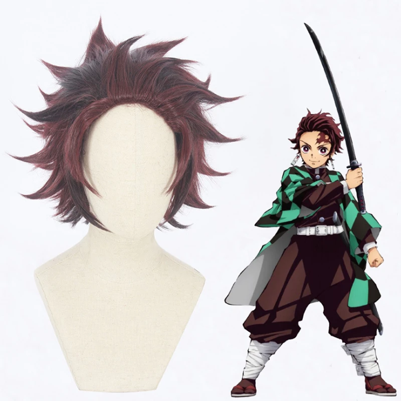 Wig Аниме Demon Slayer Косплей Kimetsu no Yaiba Tanjiro Kamado Униформа костюм для косплея мужской кимоно для наряд для хэллоуинской вечеринки CS001 - Цвет: Wig