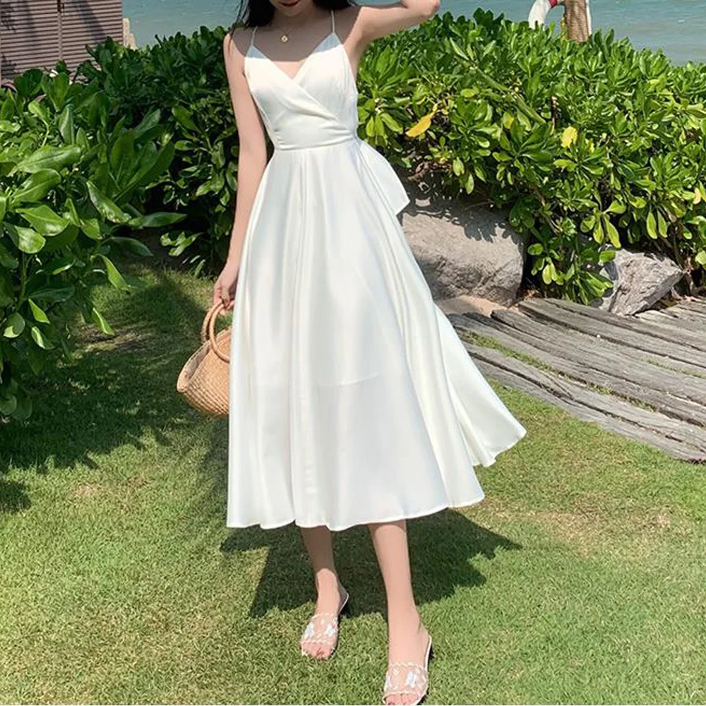 

Straps Summer Dresses 2021 Women Sexy Backless Bow-Knot Robe Satin Long Slip Solid Party Spaghetti Strap Dress