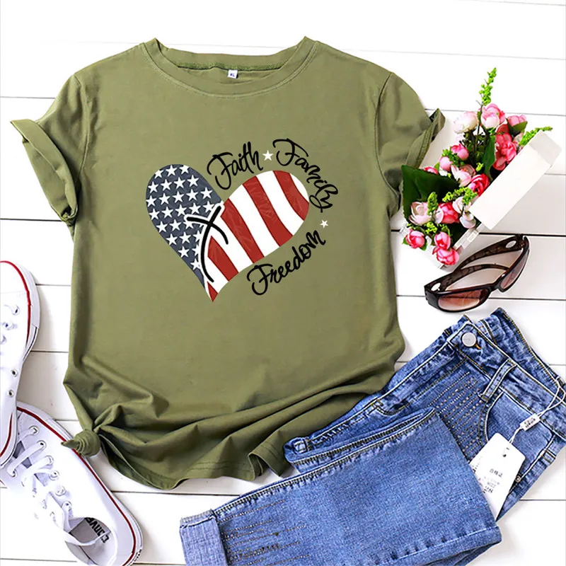 

Faith Family Freedom Tshirts Women Summer Plus Size Short Sleeve American Flag Print Graphic T Shirt Casual Independence Day Top