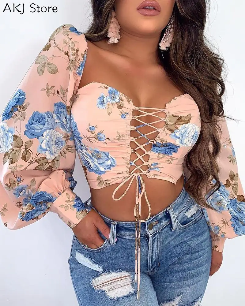 

Женская пикантная блузка на шнуровке с длинным рукавом и цветочным принтом