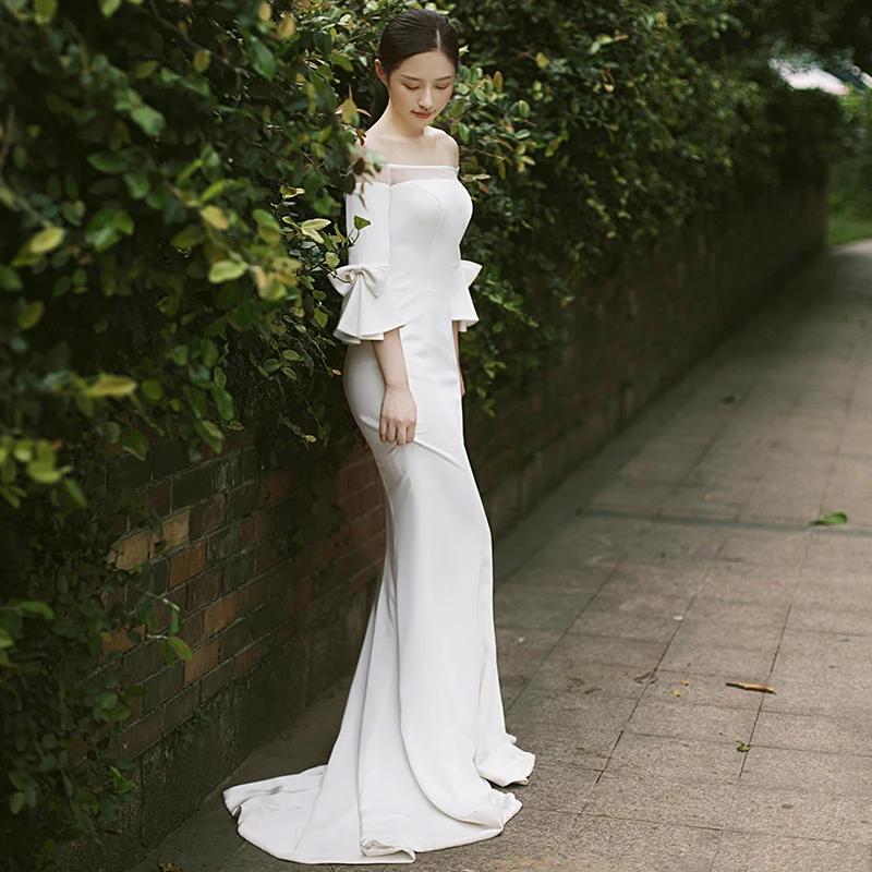 Элегантное белое свадебное платье 2019 года длинное Русалка с вырезом лодочкой