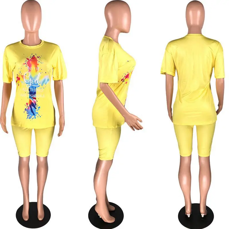 

TNNAOFF Aesthetic Print 2 Piece Tracksuits Women Set Short Sleeve T Shirt Fashion Biker Shorts Streetwear Club Matching Sets