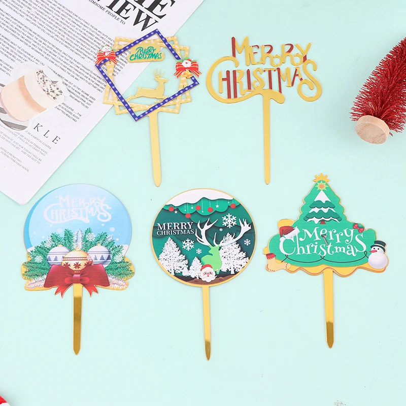1PC 2022 New Christmas Cake Topper Cupcake Topper Acrylic Birthday Party Dessert Cakes Decor Merry Xmas Cake Decorating Supplies