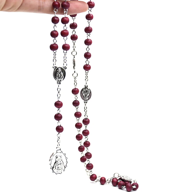 

203F Rosary Necklace Catholic Virgin Mary Pendant Necklaces Bead Long Chain Men Women