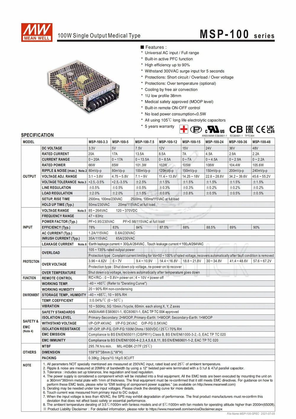 Meanwell MSP-100-12 12V 8.5A meanwell MSP-100 102W одиночный выход медицинский тип электрического
