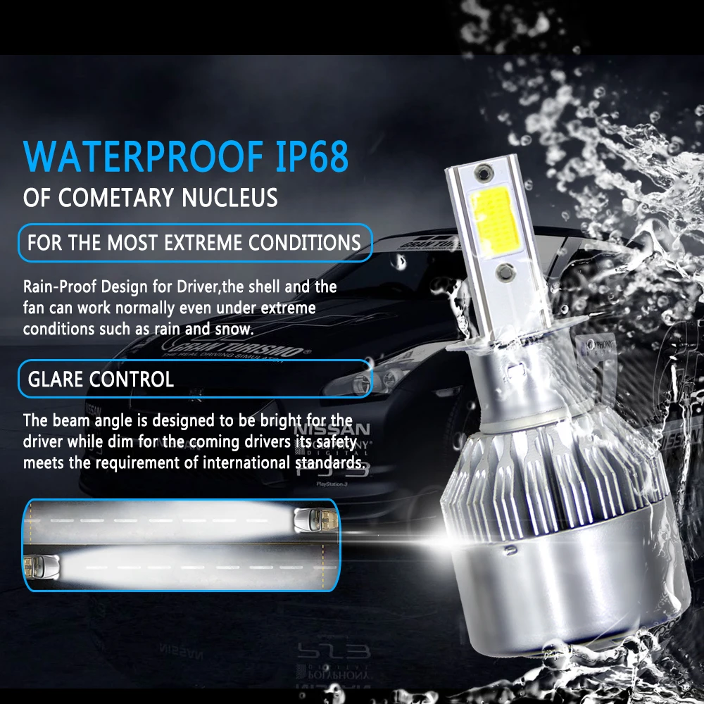 H3 2 шт. C6 комплект автомобильных светодиодных фар Led COB 6000K 36W 8000LM Hi/Lo Beam Turbo Light белые