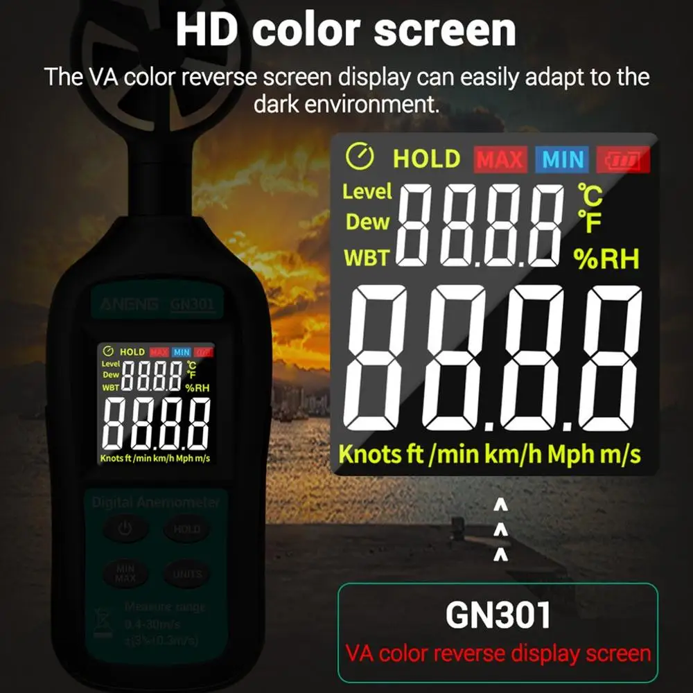 

ANENG GN301 Digital Anemometer 0-30m/s Wind Speed Meter -10 ~ 45C Temperature Tester Anemometro with LCD Backlight Display
