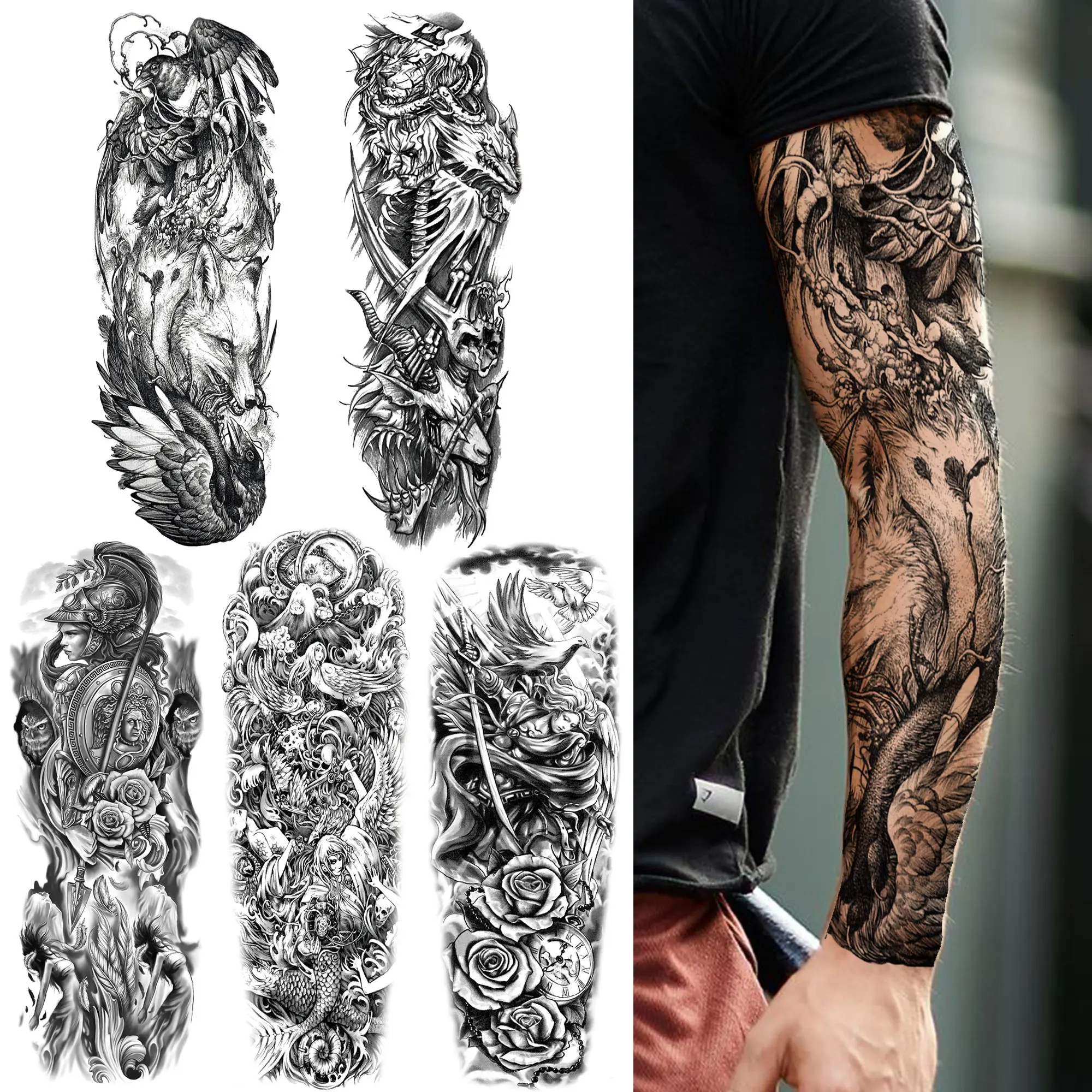 

Cool Warrior Soldier Temporary Tattoo For Men Women Adult Full Arm Sleeve Demon Tattoos Sticker Fake Monster Black 3D Tatoos Arm