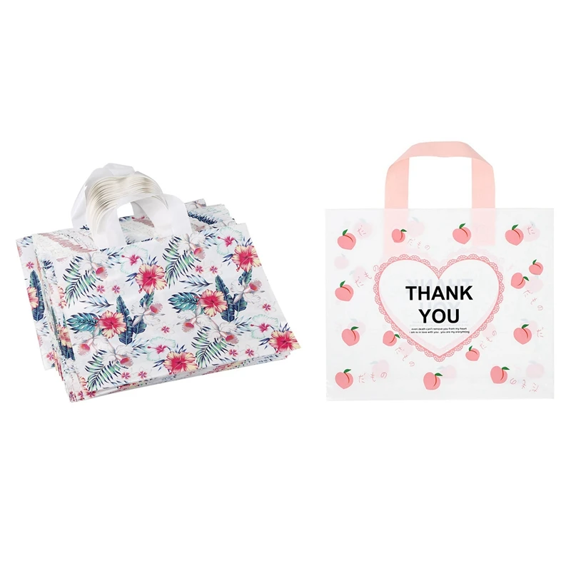 

50Pcs Plastic Bag Tropical Leaf Flower Plastic Bag & 50X Thank You Bags For Business Love Heart Peach Plastic Bags