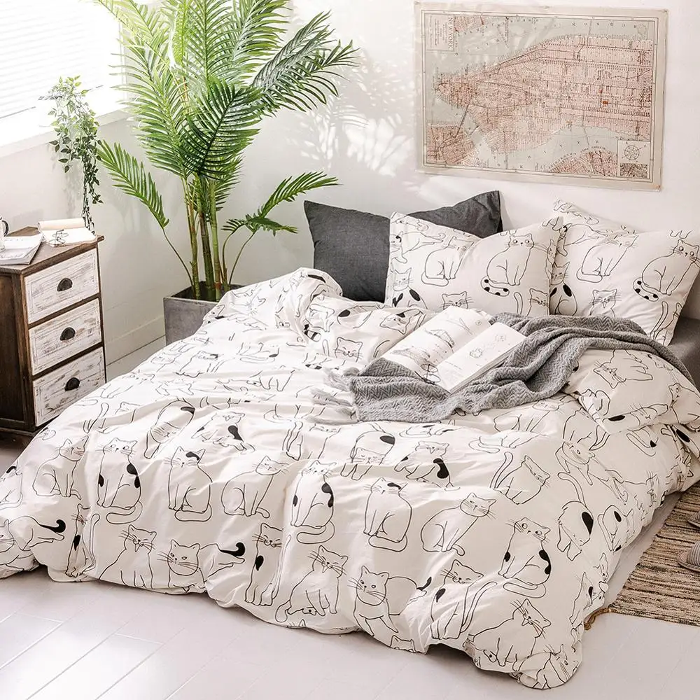 

White and Black Cat Animal Printed 100% Cotton Bedlinen Comforter Cover Duvet Cover Pillowcases Twin Queen King for Adults