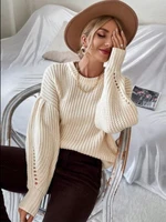 new women fashion appliques chiffon lantern sleeve patchwork short knitting sweater ladies chic pullovers tops s662