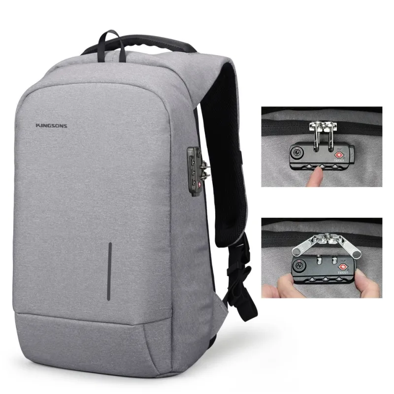light gray lock Kingsons Новое поступление 13 15,6 дюймов мужской рюкзак для ноутбука Большой Вместительный рюкзак повседневный стиль сумка водоотталкивающий рюкзак сумки - Цвет: light gray lock