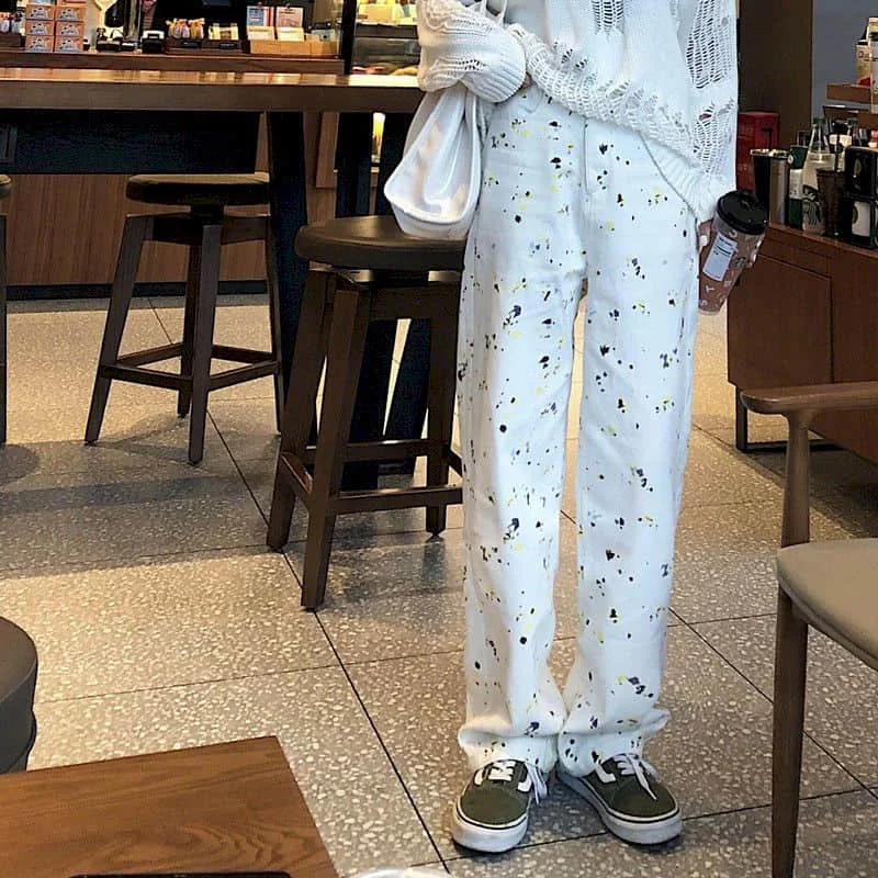 

Color Graffiti Dye Printing Jeans Spring New Casual All-match White Loose High Waist Straight Jeans Men and Women Streetwear