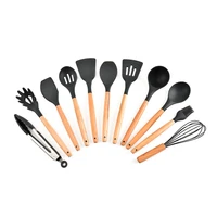 11 pcs silicone kitchen utensil set heat resistant wooden cooking tools non stick cookware multiple color