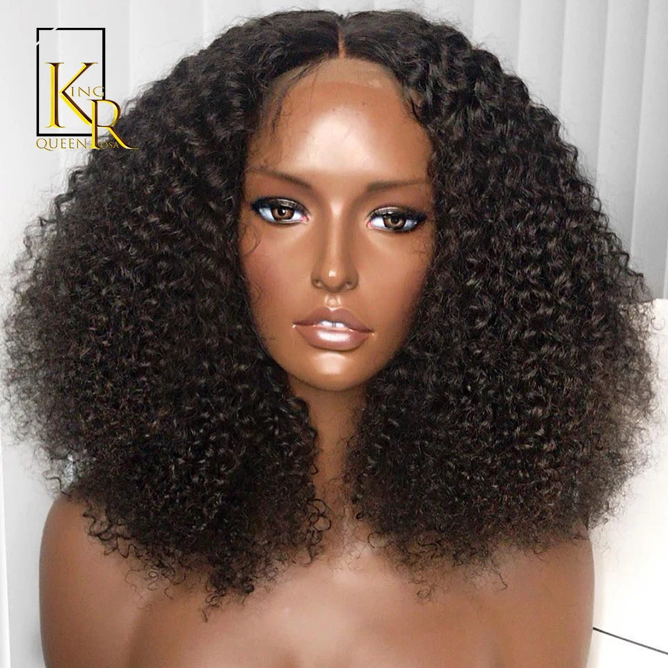 AfroKinky вьющиеся боб парик 13*4 синтетические волосы на кружеве парики с предварительно сорвал бразильский Remy Hiar натуральный черный цвет для женщин