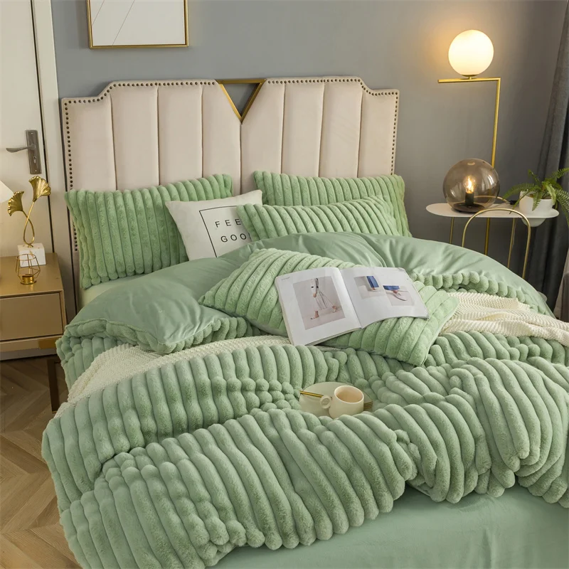 

New Luxury Super Soft Velvet Fleece Bedding Set Imitation Rabbit Plush Quilt/Duvet Cover Bedspread Bed Linen Pillowcases 4Pcs