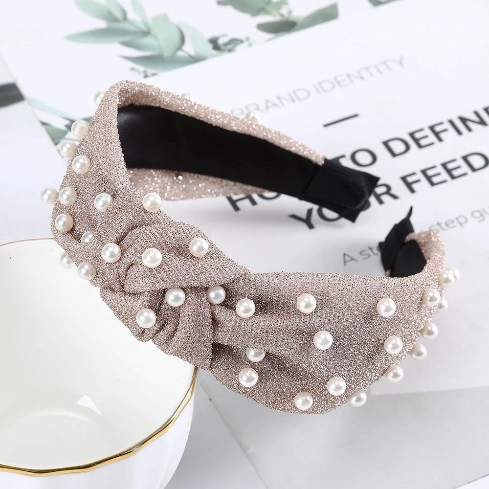 Повязка на голову женская с жемчужинами модный широкий ободок из матовой ткани