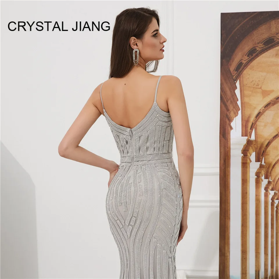 

Formal Silver Evening Dresses Long Sexy Spaghetti Straps Party Gown Mermaid Luxury V-neck Robe de Soiree Evening Dress Party