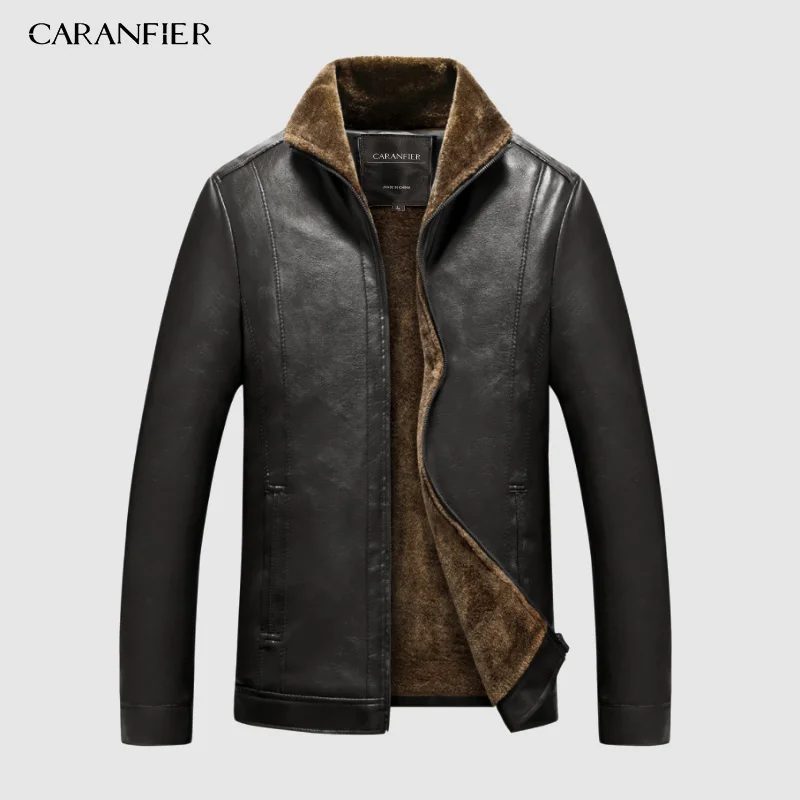 035 Black CARANFIER, новинка, зимняя мотоциклетная мужская кожаная куртка, Мужская ветровка, Куртки из искусственной кожи, мужская верхняя одежда, теплая бейсбольная куртка из искусственной кожи, Размер 4XL - Color: 035 Black