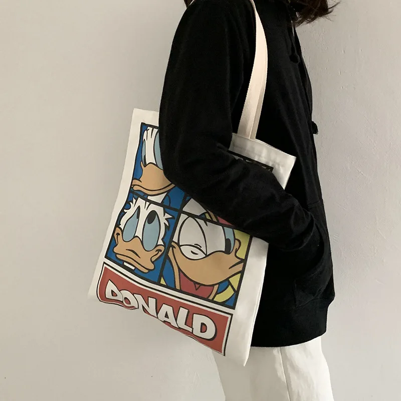 Women's Donald Duck  Canvas Tote Bags Korean Students Shoulder Cotton Cloth Shopping Bag Foldable Shopper Bag Handbag for Girls
