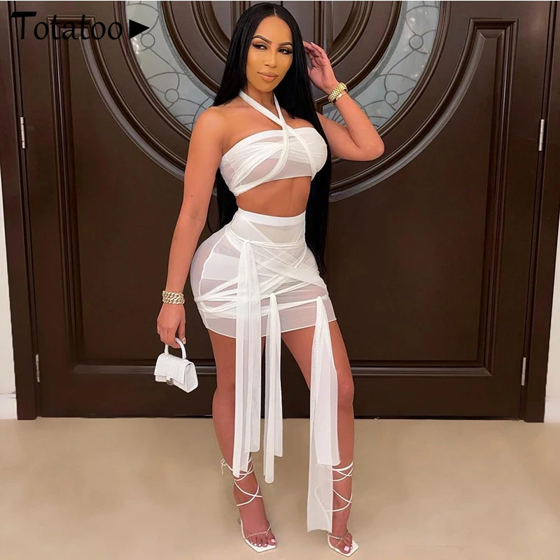 

Totatoop Women Bandage Mesh Sexy Two Piece Set Halter Crop Top+Mini Skirt Transparent Female Tracksuit Club Outfit Matching Sets