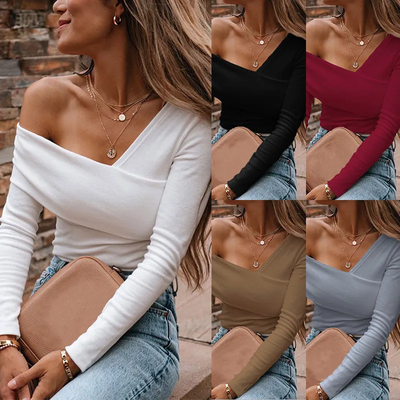 

All-Match Retro Solid Color Sexy Casual Multicolor Long Sleeve 2021 Fall Polyester Top Female Skew-collar Party Club Black