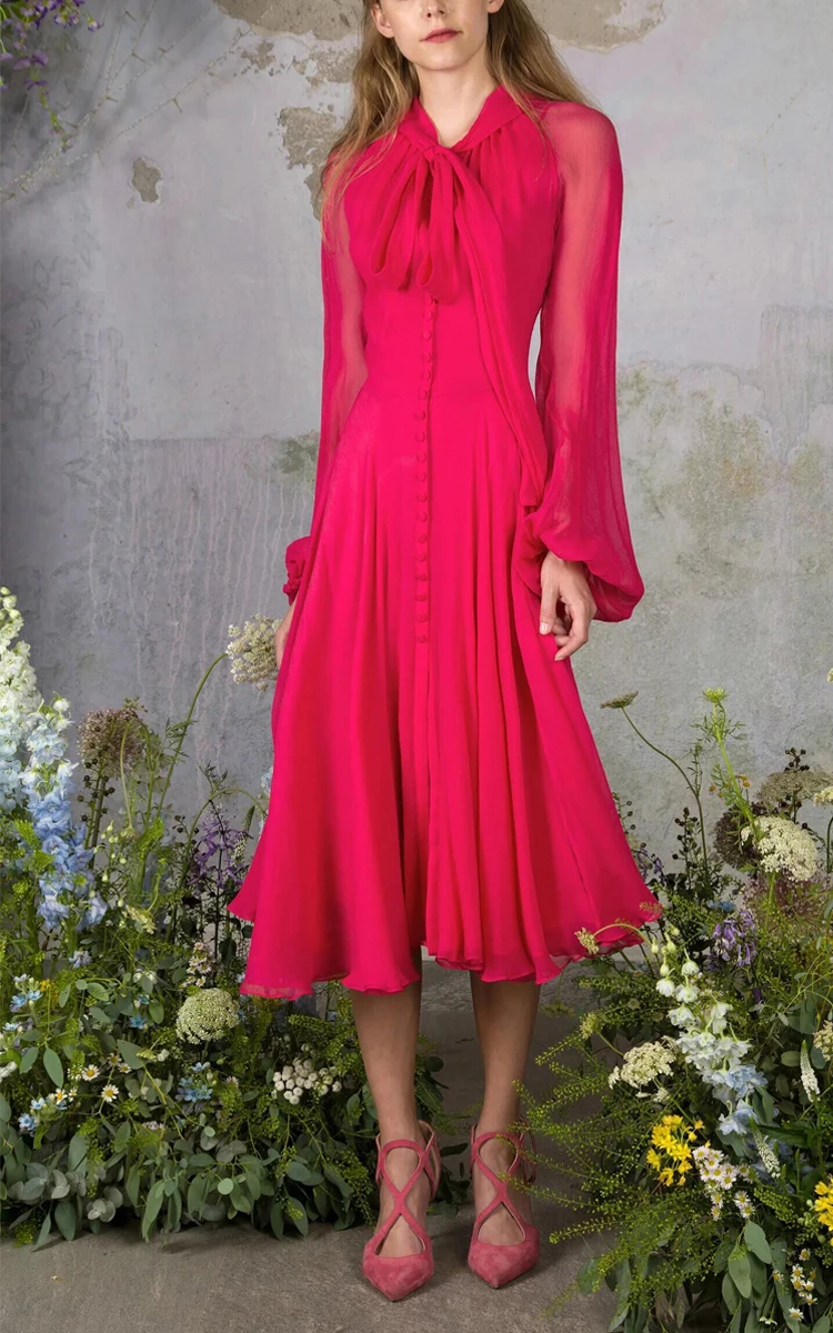 

COLOREE 2021 Autumn Women Red Dress Elegant Bow Collar Long Sleeve Single Breasted Dress Runway Designer High Quality Dress