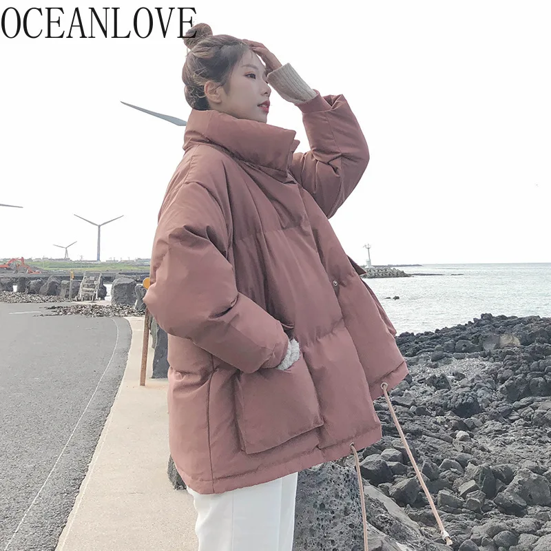 OCEANLOVE корейские парки одноцветное толстое свободное теплое зимнее пальто для