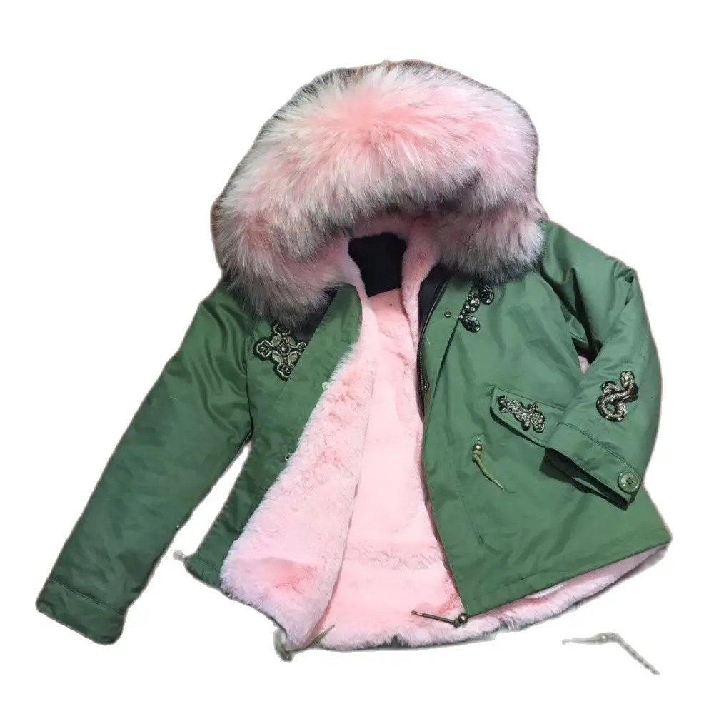 Модная розовая меховая парка с бусинами зимняя короткая куртка мехом верхняя