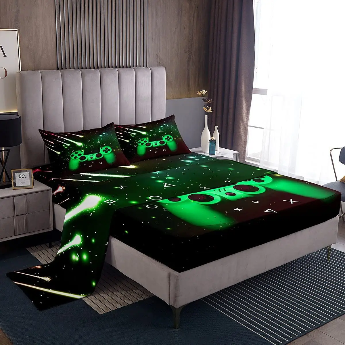 

Gamer Fitted Sheet for Kids Teens Gaming Bed Sheet Set Video Game Bedding Sheets Black Green Room Decor Buttons Bed Cover