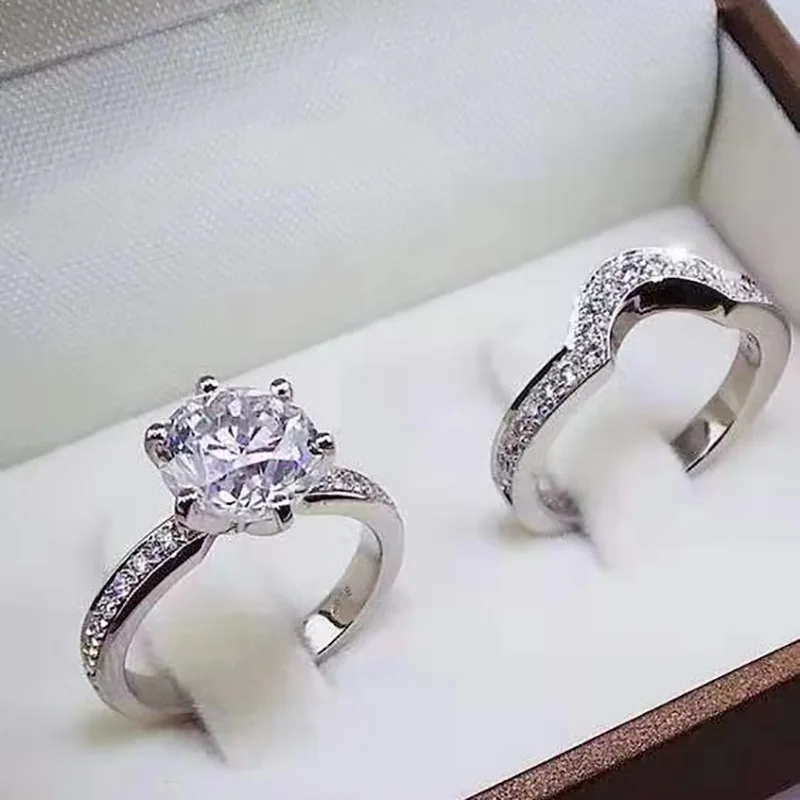

2-piece Ladies Ring Set Fashion Round Inlaid White Zircon Set Female Ring Simple Girl Wedding Jewelry Factory Direct Sales