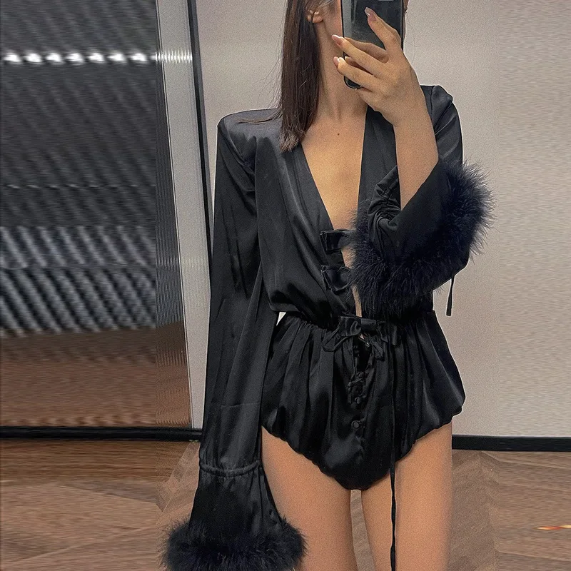 2022 S/S black temptation sexy long-sleeved jumpsuit female hollow bow v-neck feather jumpsuit