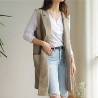 women autumn spring sleeveless blazer waistcoat linen long coat m 2xl single breasted loose simple vest jacket white 2021 female