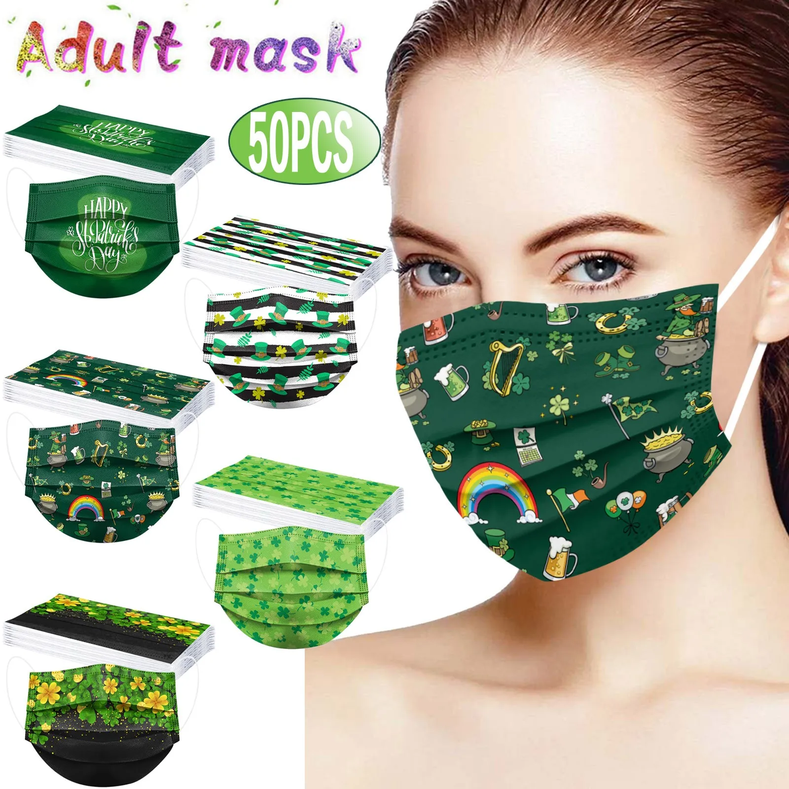 

50pcs Cotton Maskadult St. Patrick' Day Disposable Face Mask 3 Ply Earloop Anti-pm2.5 Masks Forface mascarillas