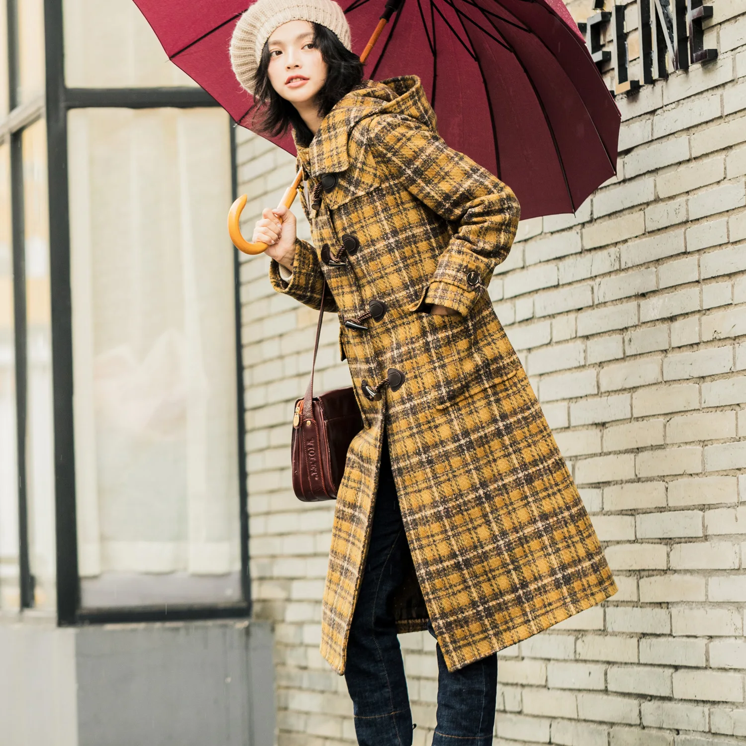 

Women Winter Warm Long Wool Coat Turmeric Duffle Overcoat Chic Horn Button Woolen Coat Yellow Ladies British Plaid Vintage Coats