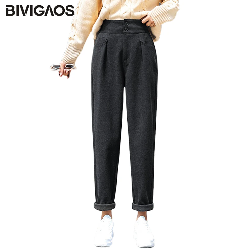 BIVIGAOS 2019 осень зима новинка высокая талия двойная Пряжка шерстяные штаны шаровары