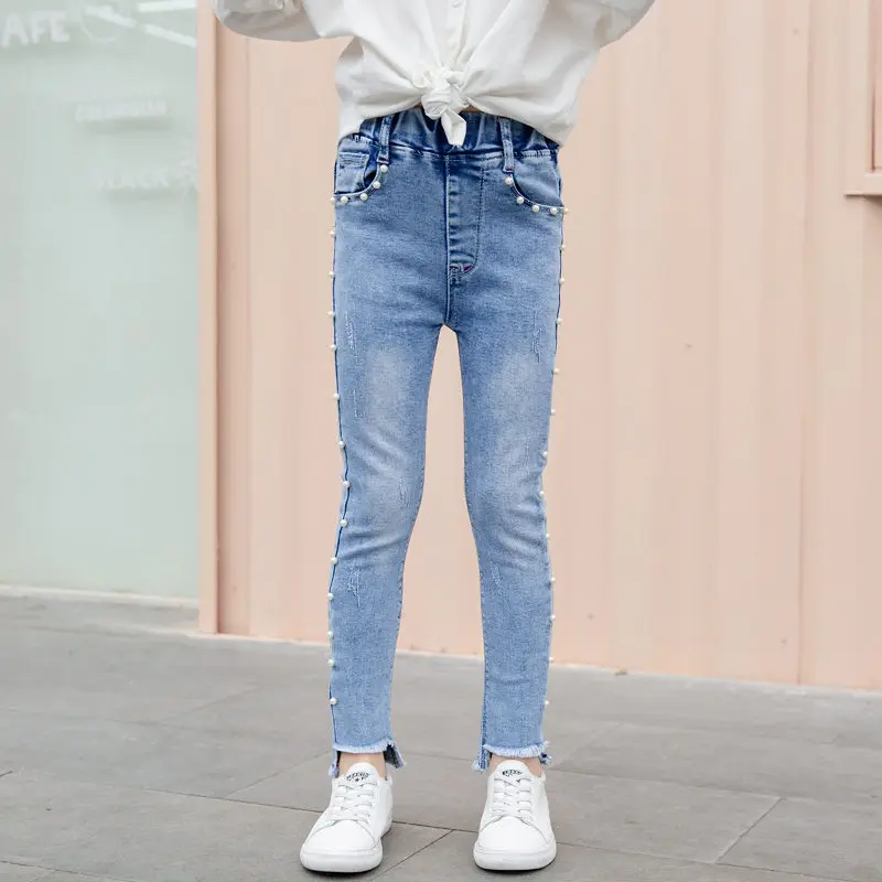 Джинсы 7/8 новая одежда для маленьких девочек с жемчугом и джинсовые брюки 2021