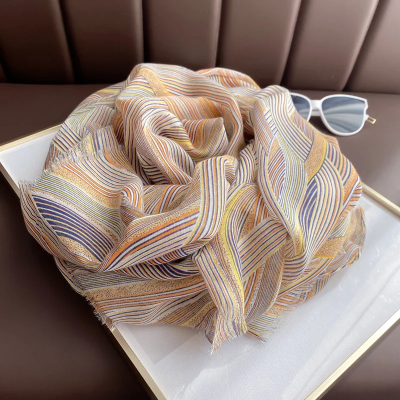 

Scarf Korean Female Spring and Autumn Color Geometric Printing Cotton and Linen Feel Long Shawl Dual-use Gauze Scarf Outdoor