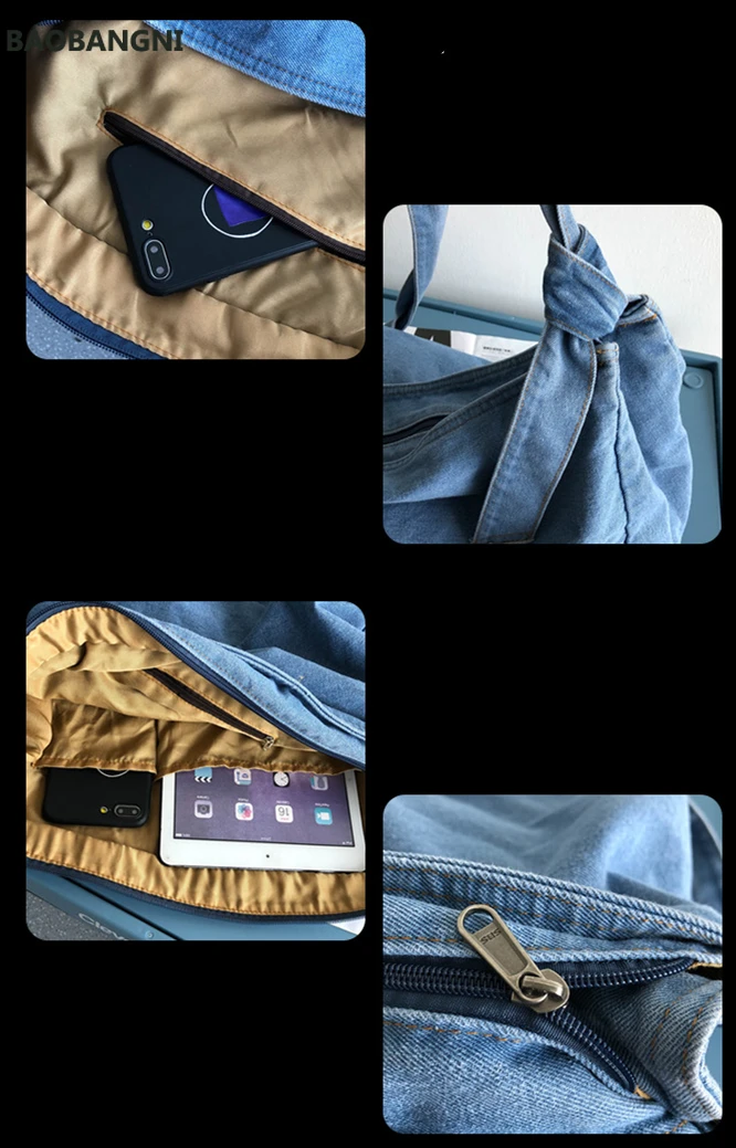 

Teenager Denim Fabric Soft Hobo Bag Female Hip Hop Rock Jeans Student Big Capacity Casual Street Style Slouch Shoulder Bag