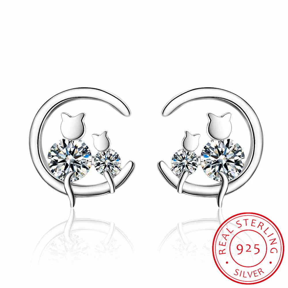 Женские серьги гвоздики из 100% настоящего чистого серебра 925 пробы с Луной и
