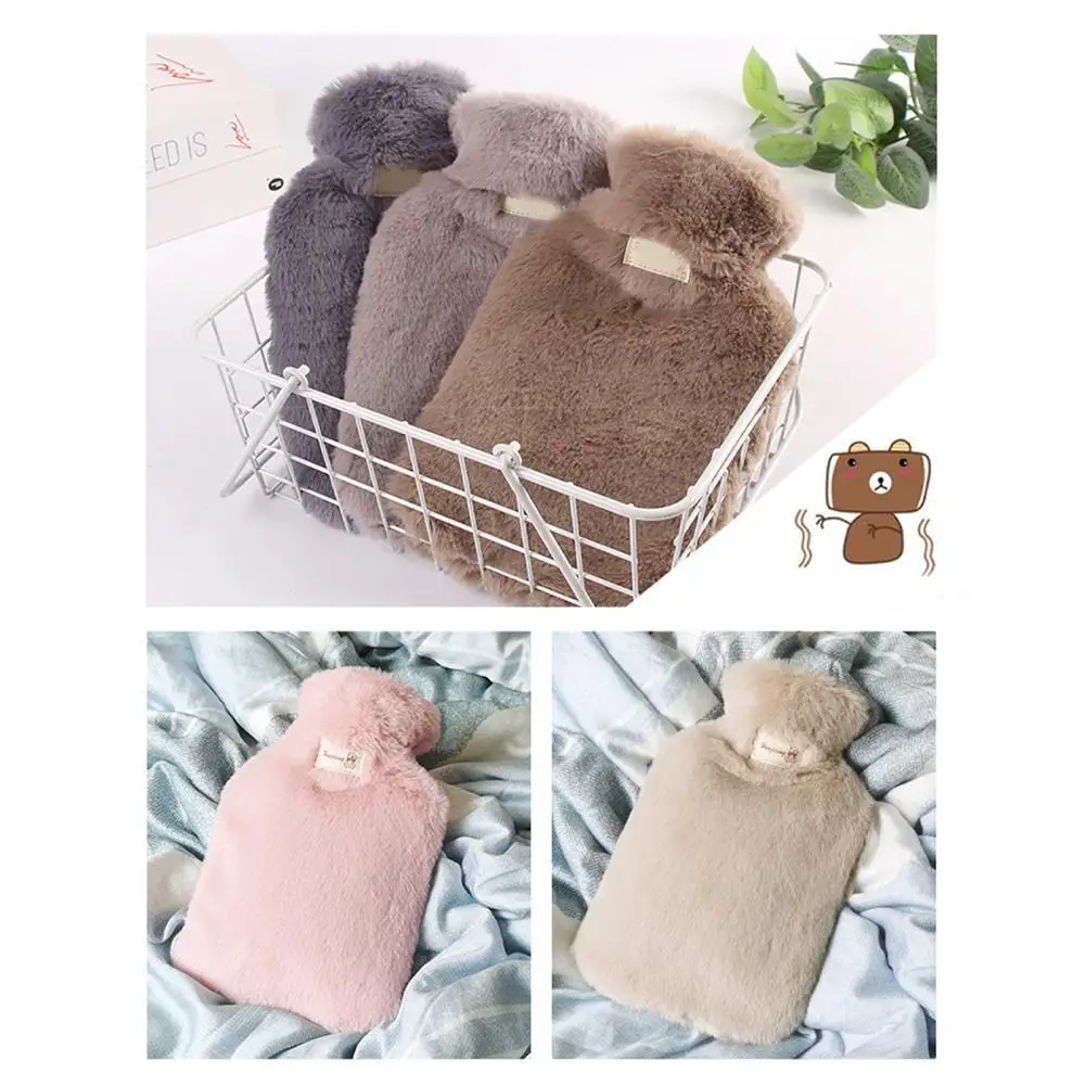 

1000/2000ml Plush Faux Fur Hand Warmer Winter Hot Water Bottle Pure Natural Rubber Cosy Grey Cover Back Neck Waist Hand Bed Warm