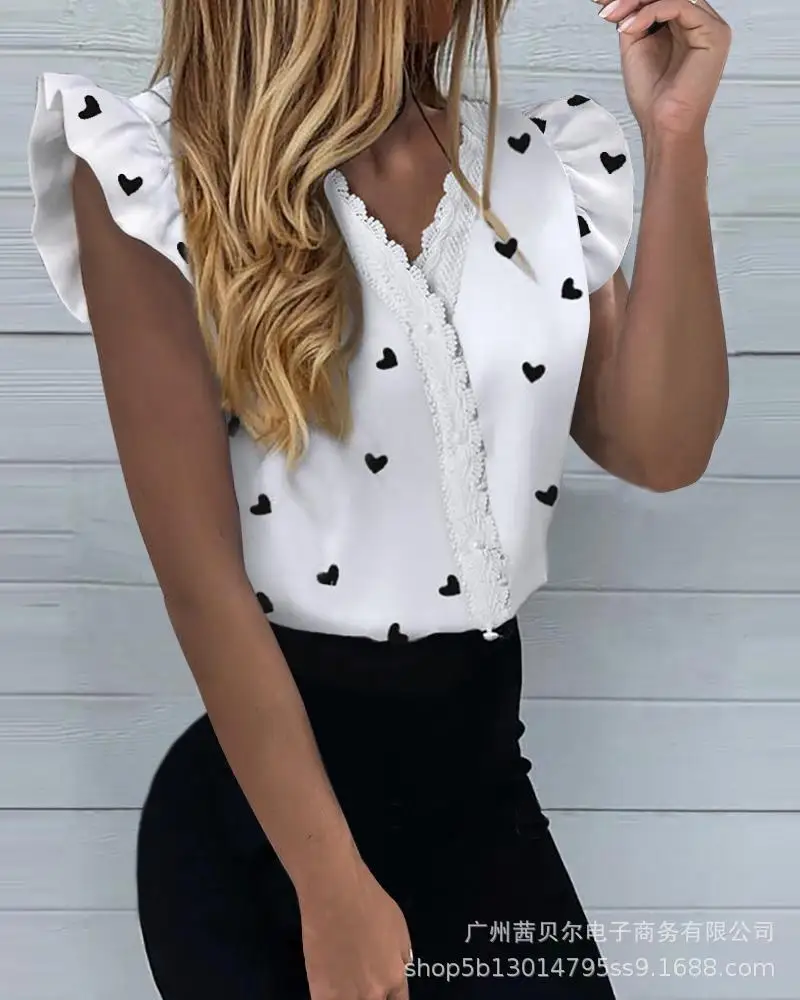 

WEPBEL Women Elegant Heart Print Shirt Top Ladies Sexy Fashion Spring Summer Long Lantern Sleeve V Neck Loose Blouse T-shirt