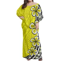 polynesia tribe sky yellow background small flower tattoo print off the shoulder large front reach long skirt summer women dress