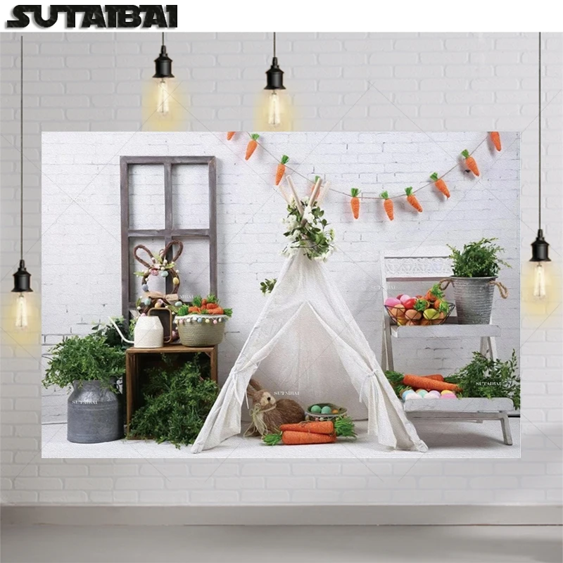 

Easter Photo Backdrop Spring Flowers Bunny Rabbit Egg Bucket Tent Brick Wall Photography Background Baby Portrait Interior Decor