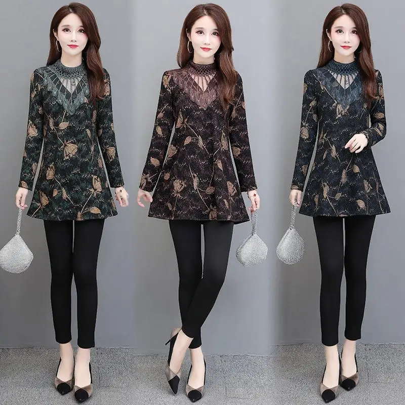 

New Spring Autumn Long Sleeve T-shirt Women Clothing O-neck Patchwork Hollow Print Casual Plus Size Shirt 5XL Ladies Tops X200