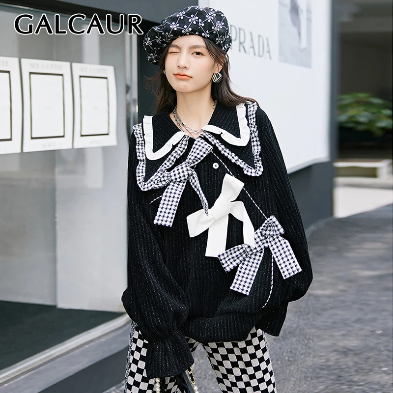 

GALCAUR Casual Patchwork Bowknot Colorblock Sweatshirt For Women Peter Pan Collar Long Sleeve Loose Sweatshirts Female Clothing