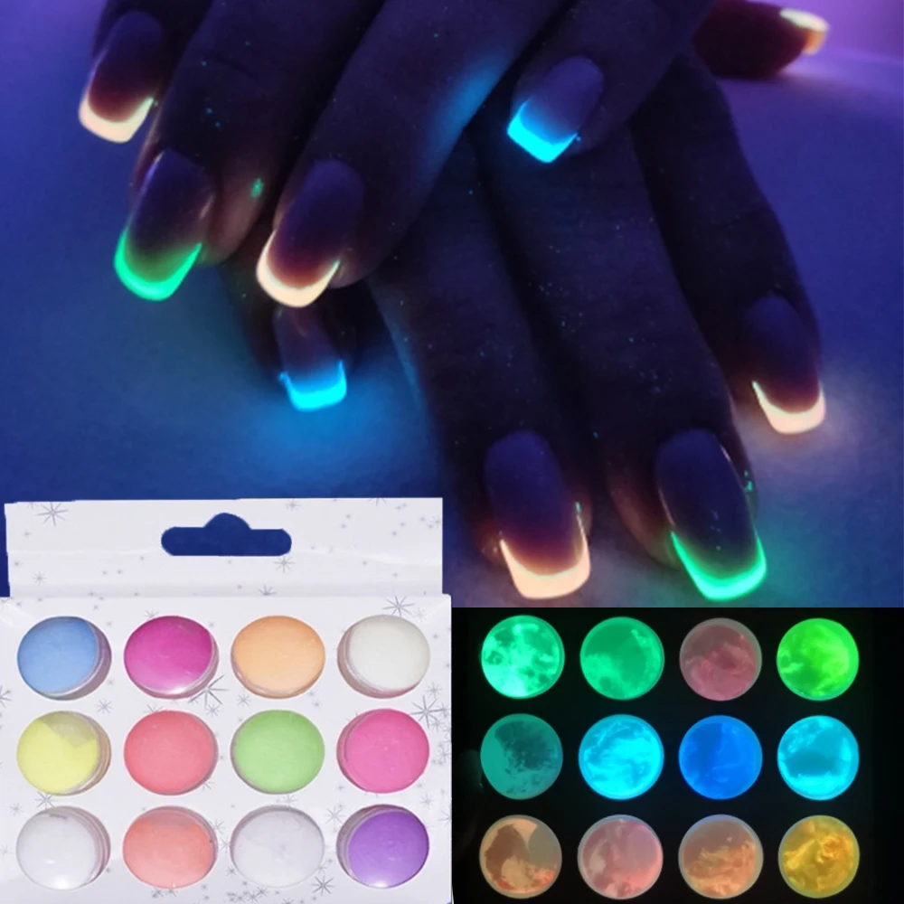 

12 Boxes/Set Glow In Dark Glitter Nail Phosphorescent Powder Pigment Luminous Shining Halloween Christmas Nail Art Decorations