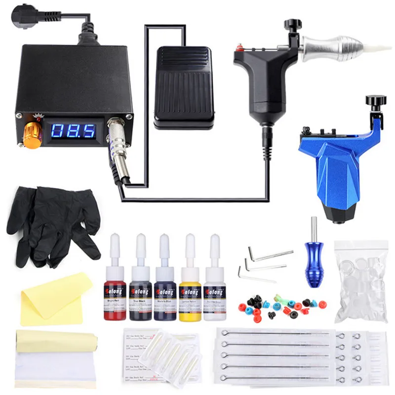 

Full set of professional tattoo machine kit set 2 machine 5 color ink power needle grip nib set tattoo equipment